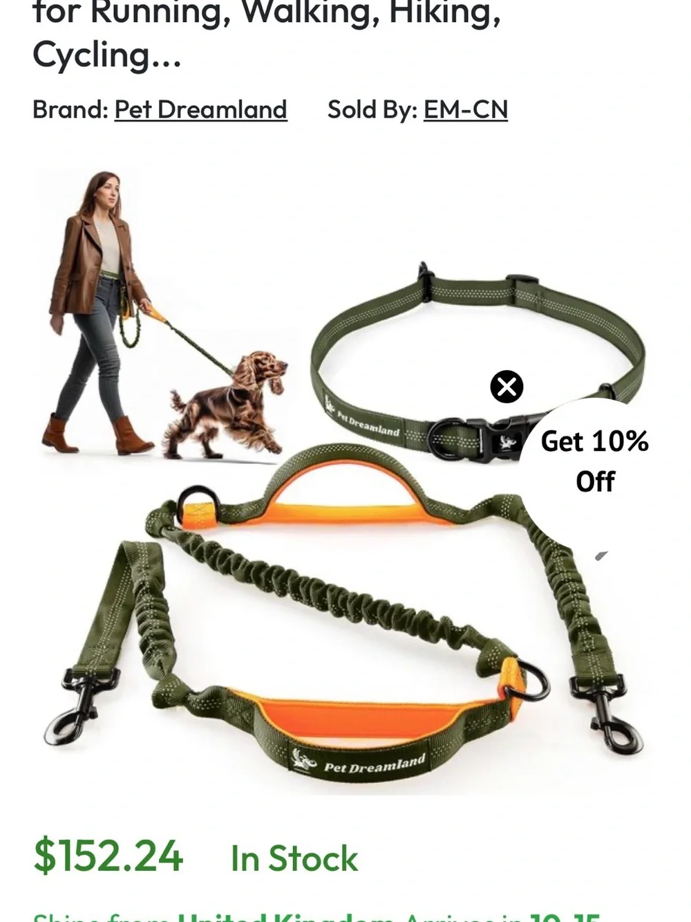 Olive Green & Orange Hands-Free Walk 2 Dogs Leash